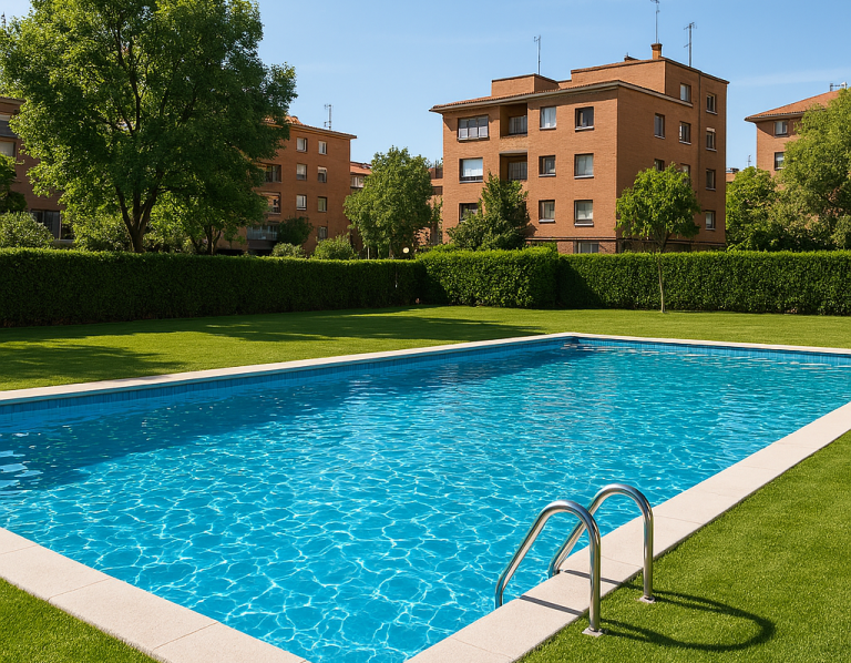 Piscina azul con escalera, rodeada de césped y edificios de ladrillo en un día soleado.